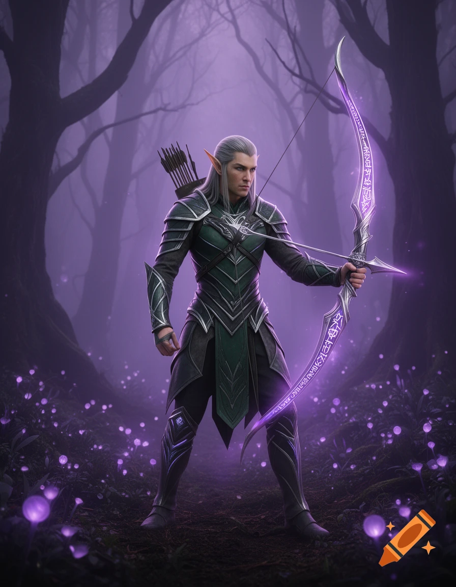 A hyper-realistic portrait of an Elven archer in dark-green armor, holding a glowing, rune-engraved longbow in a mystical purple forest.