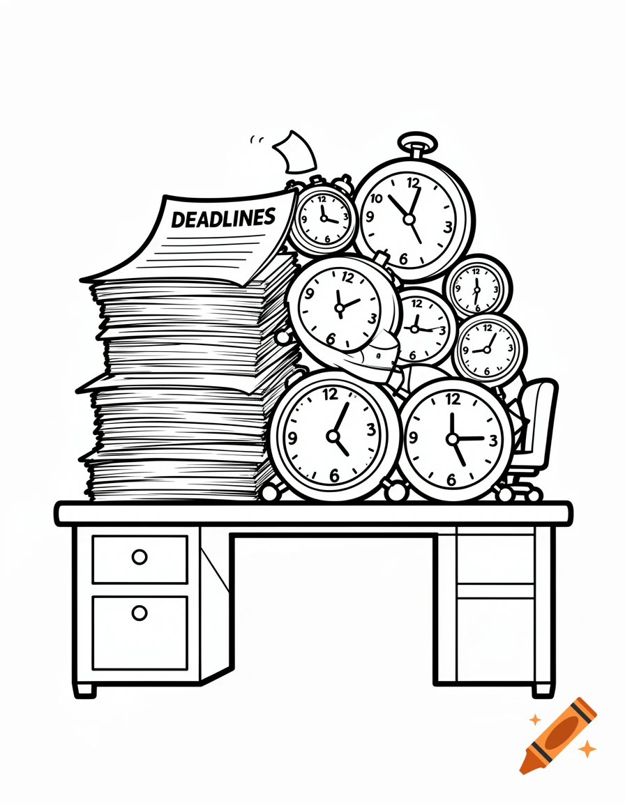 Black and white line art illustration of a desk with a tall stack of 'DEADLINES' papers and many alarm clocks piled on top, in a simple cartoon style.
