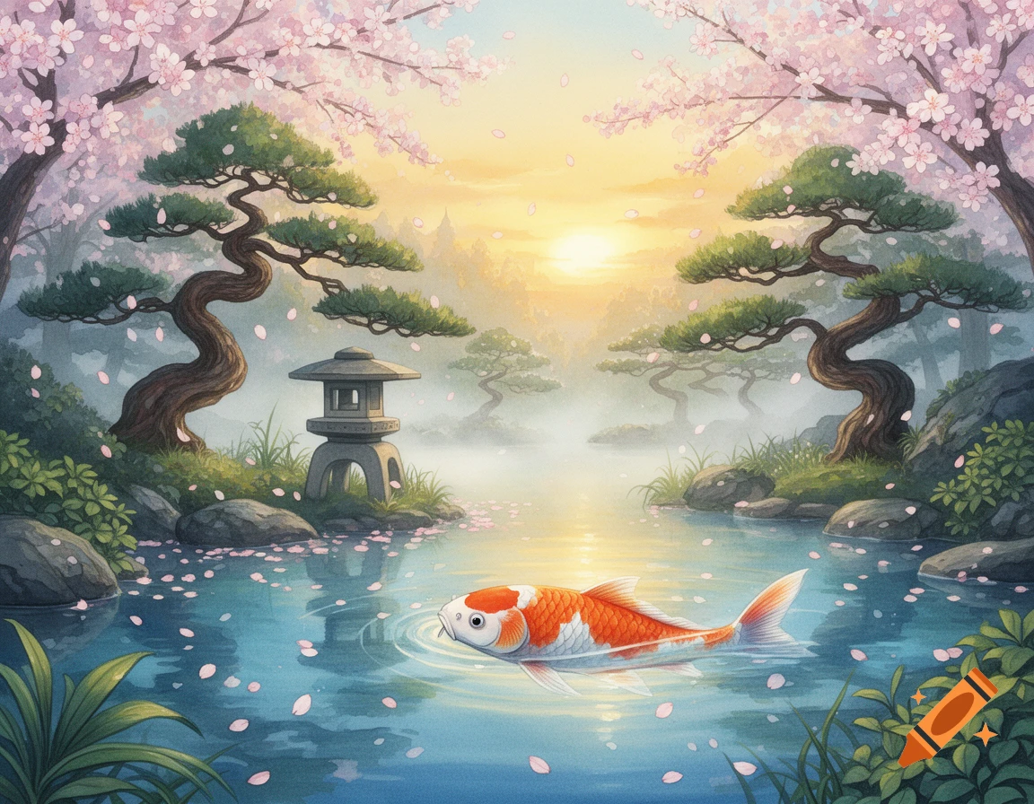 A serene Japanese garden scene with a vibrant koi fish in a pond, surrounded by blooming cherry blossoms and a traditional stone lantern.