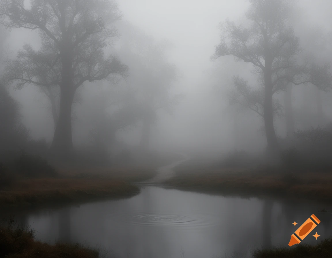 A serene, misty forest scene with large trees obscured by thick fog, overlooking a calm pond.