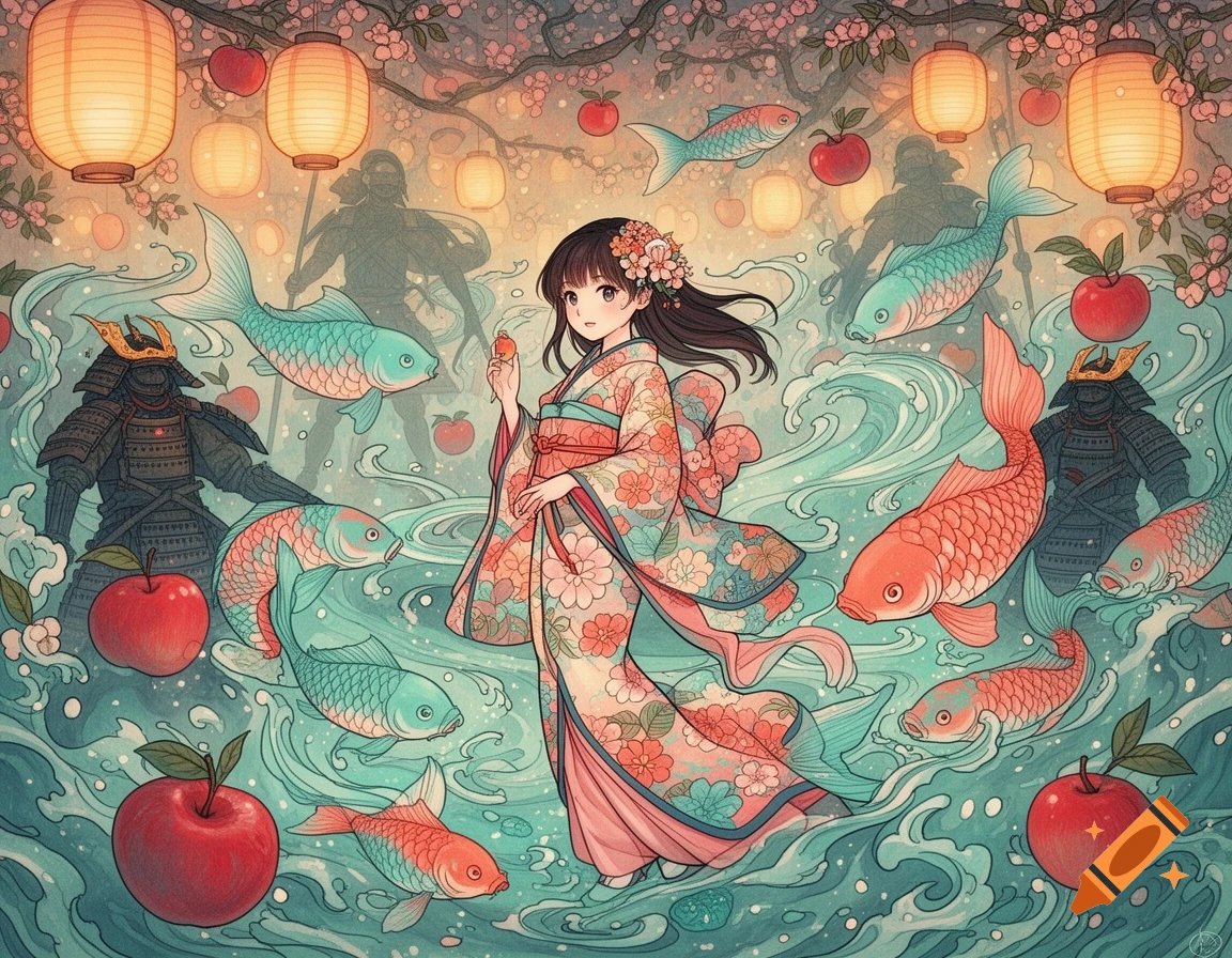 An anime girl in a kimono stands in swirling water with fish, apples, glowing lanterns, and faint samurai figures.
