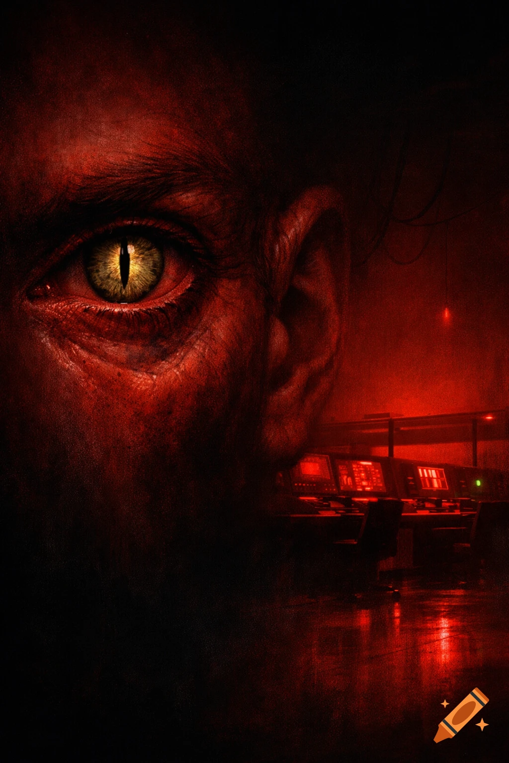 A close-up of a human eye with a yellow, reptilian pupil, set against a dark red, grainy backdrop of a control room. The scene is ominous and cinematic.