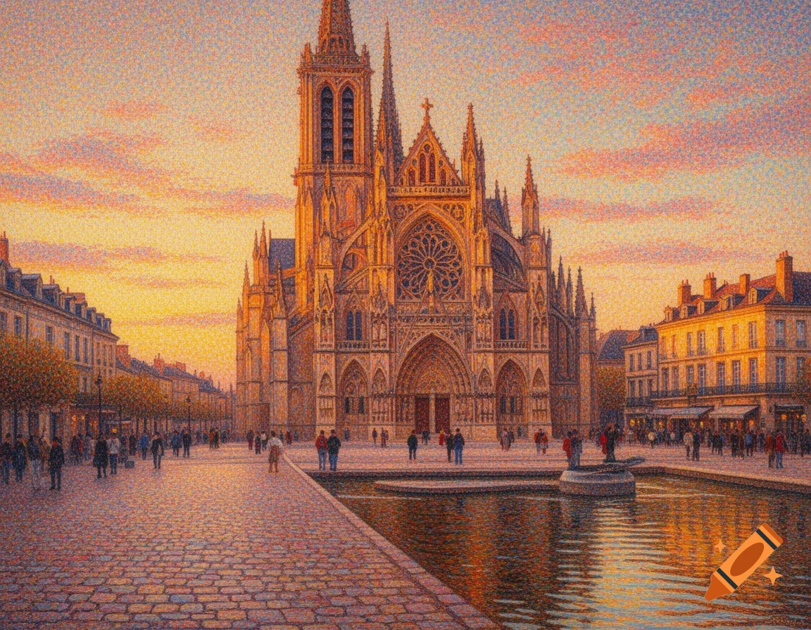A pointillist painting of a grand European cathedral and a busy city street with people and a canal at golden hour.