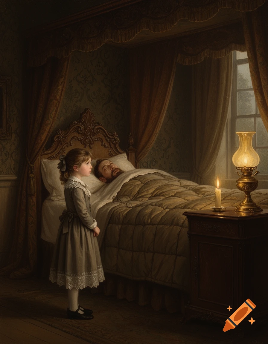 A Victorian child stands by a man in a four-poster bed in a dimly lit, somber bedroom, in a realistic painting.