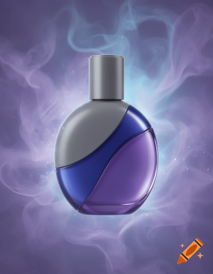 Spherical perfume bottle in gray, blue, and purple, with a gray cap, floating in purple and blue smoke.