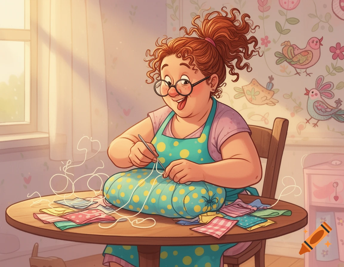 Cartoon illustration of a smiling, curly-haired woman in glasses and an apron, sewing a polka-dotted bolster pillow at a table.