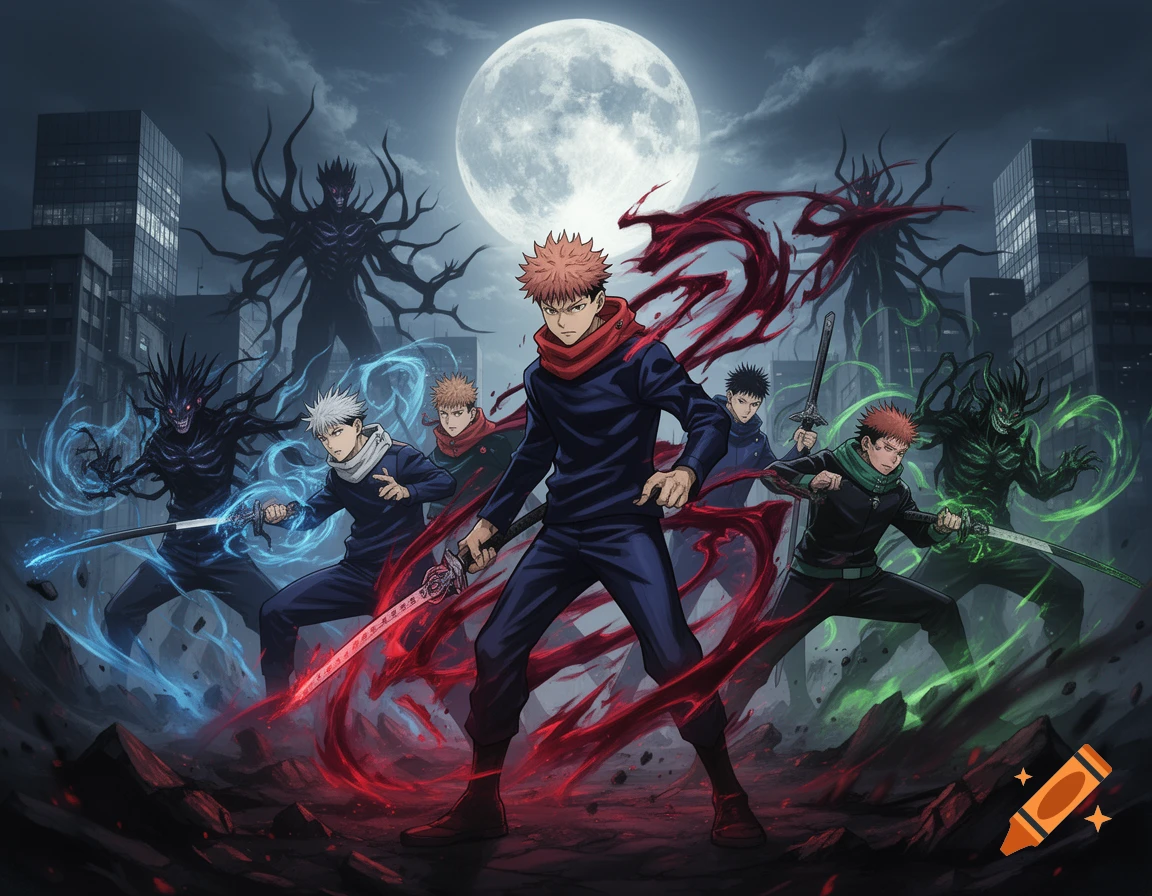Jujutsu Kaisen anime characters including Yuji Itadori and Satoru Gojo ready for battle with monstrous curses in a dark city under a full moon.