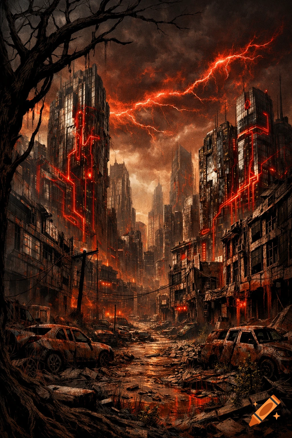 A dark, dystopian cityscape devastated with ruined buildings, abandoned cars, and red technological lines under a stormy, lightning-filled red sky.