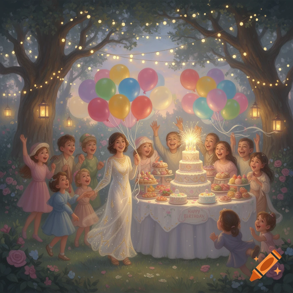A whimsical outdoor birthday party scene with an adult and many happy children around a table with a tiered cake, desserts, and balloons under twinkling lights in a forest.
