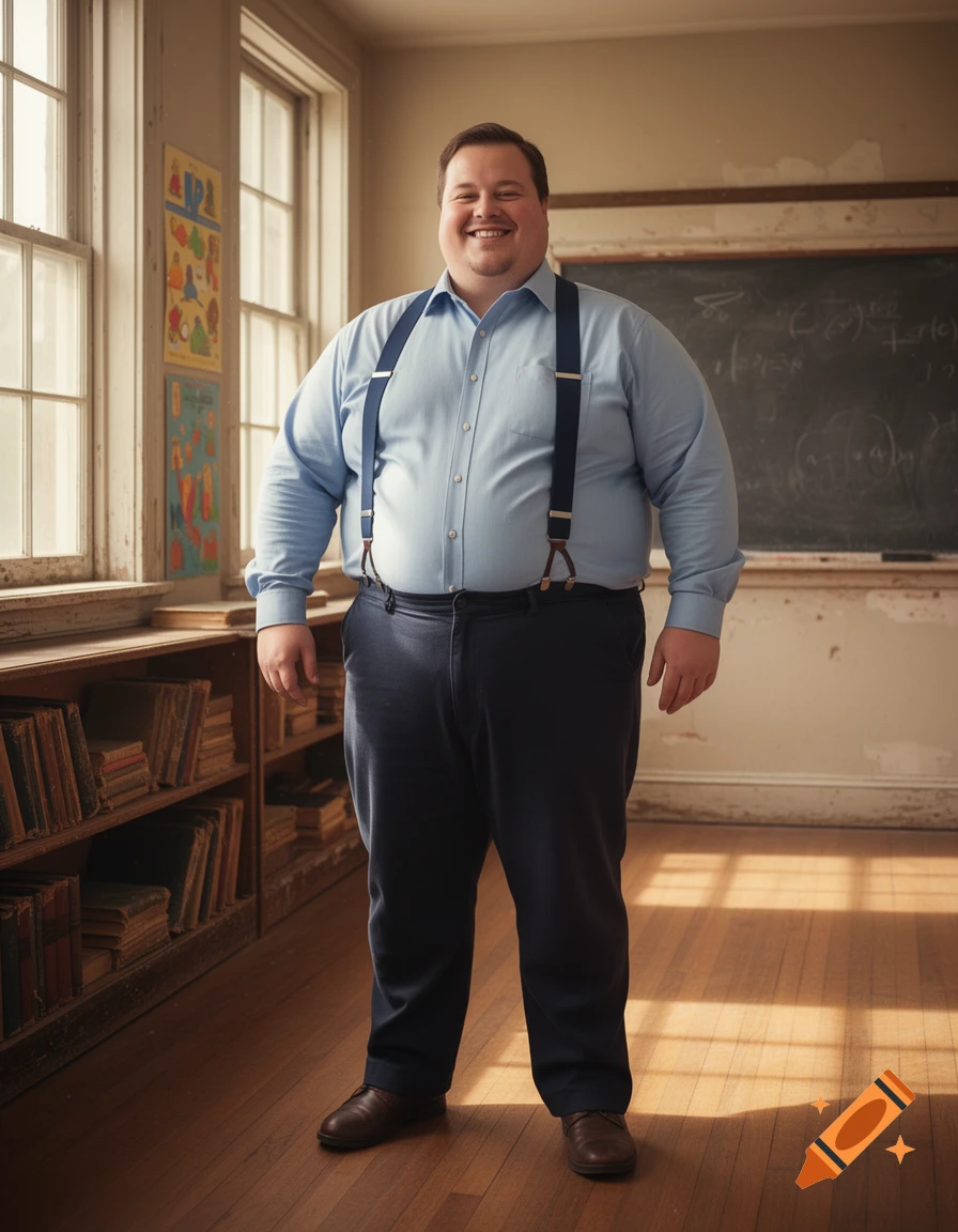 A smiling, heavy-set male teacher in a light blue shirt and dark pants with suspenders stands in a sunlit classroom, with books on shelves and a blackboard in the background.