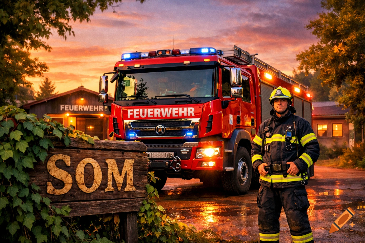 A firefighter stands in front of a red fire truck and a fire station at sunset, with a wooden sign reading 'SOM' in the foreground. Photorealistic.