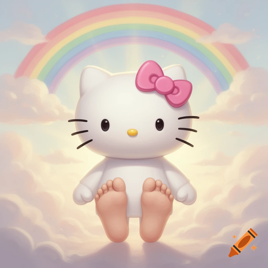 Hello Kitty with human feet, no shoes, sitting on clouds under a rainbow in a bright, dreamy sky.
