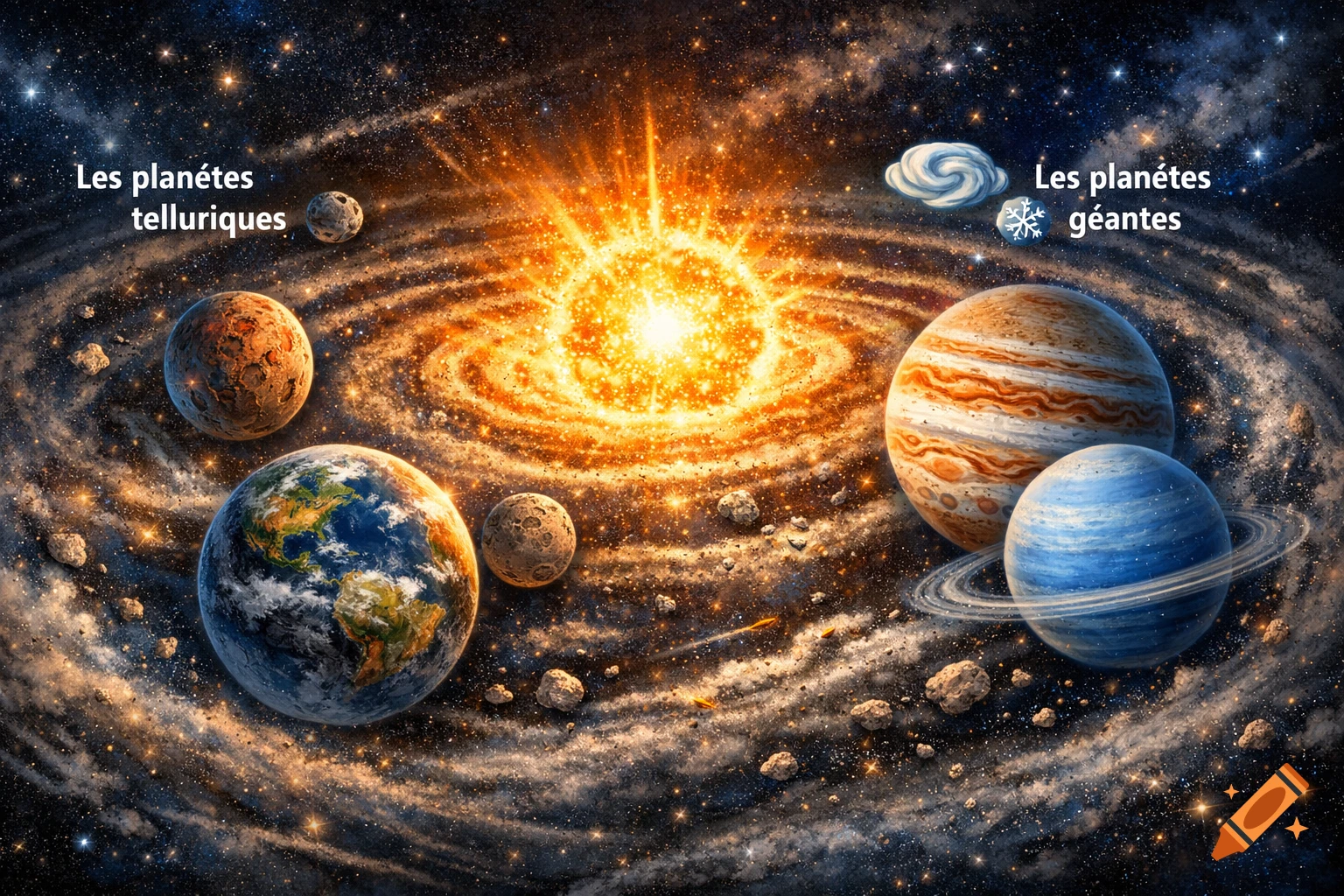 An illustration of a bright star at the center of a spiral galaxy, with terrestrial and giant planets labeled in French.