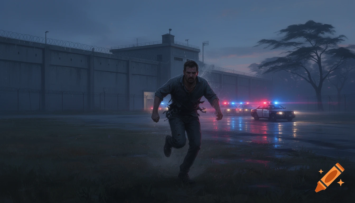 A man runs from a prison wall at dusk, pursued by police cars with flashing lights reflecting on wet ground.