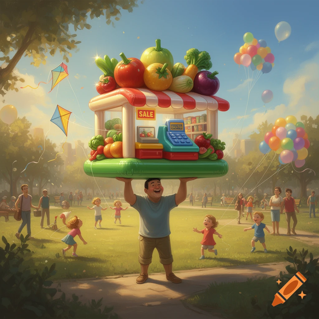 A smiling man holds a large inflatable grocery store over his head in a sunny park where children play and balloons float.