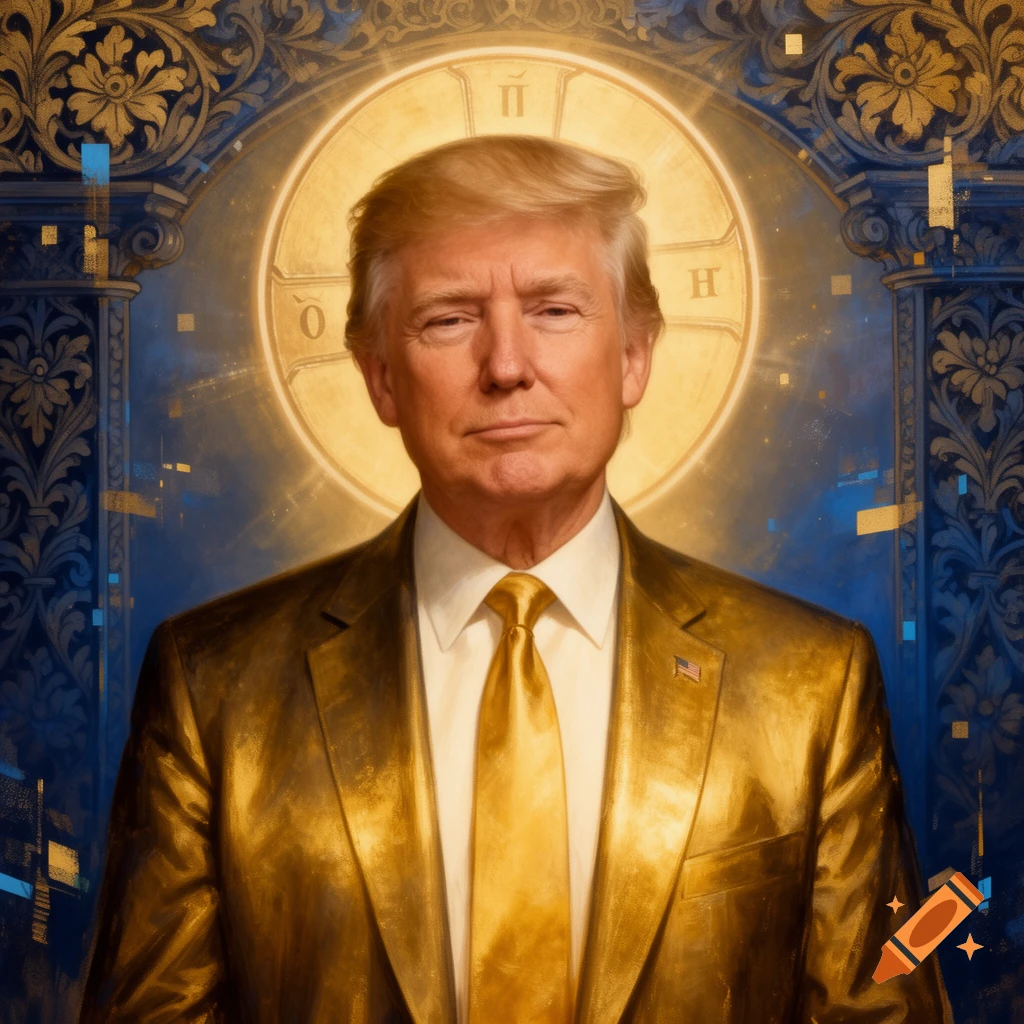 Stylized portrait of Donald Trump in a golden suit, with a glowing halo featuring Greek letters, against an ornate blue and gold background.