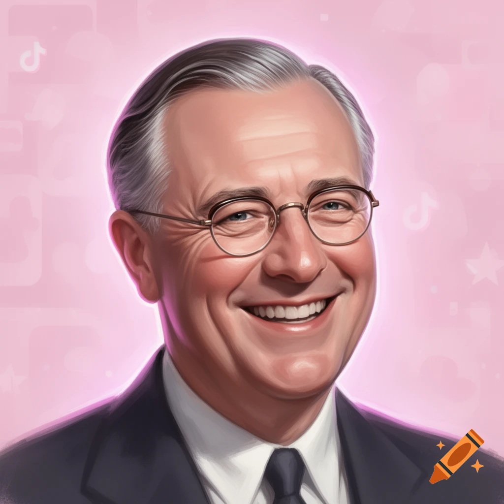 Stylized portrait of a smiling older man with glasses and grey hair, wearing a suit, against a pink background with faint social media icons.