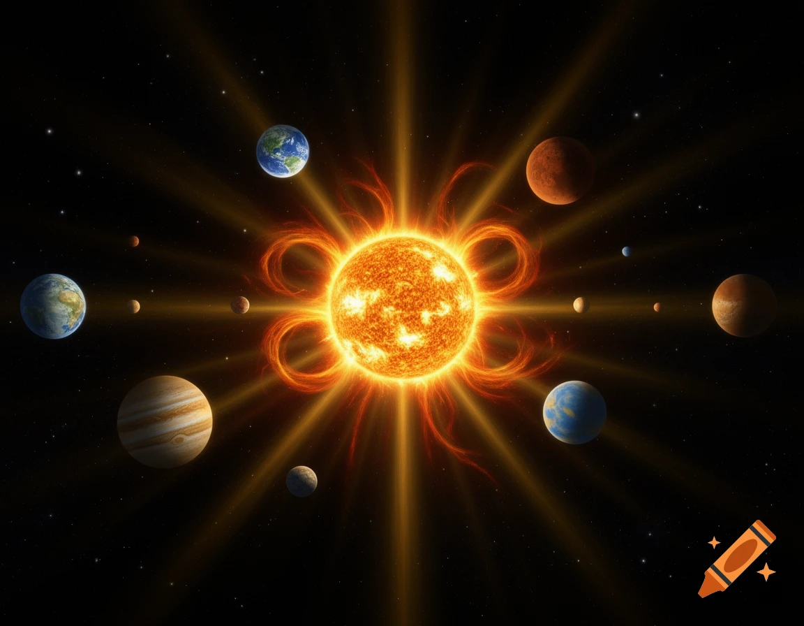 The sun glows brightly in the center, emitting rays, surrounded by planets and stars in deep space.