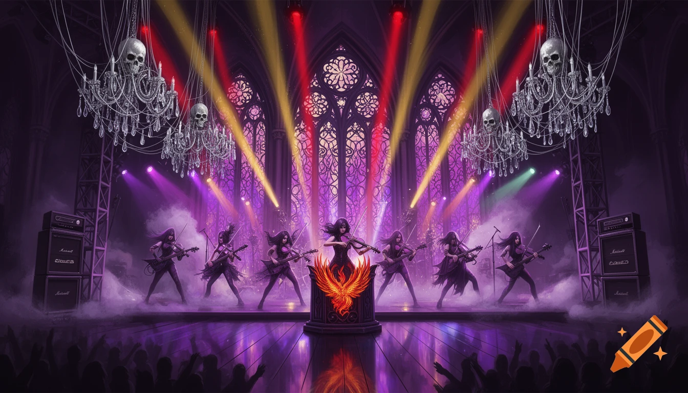 A dark, gothic concert stage with female heavy metal violinists, skull chandeliers, a flaming phoenix sculpture, and colorful spotlights.