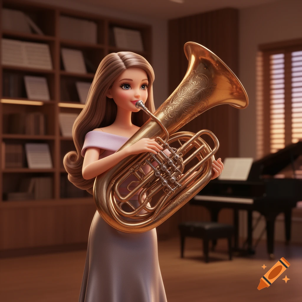 A 3D rendered Barbie-like doll in a pink dress holding a golden tuba in a room with bookshelves and a piano.