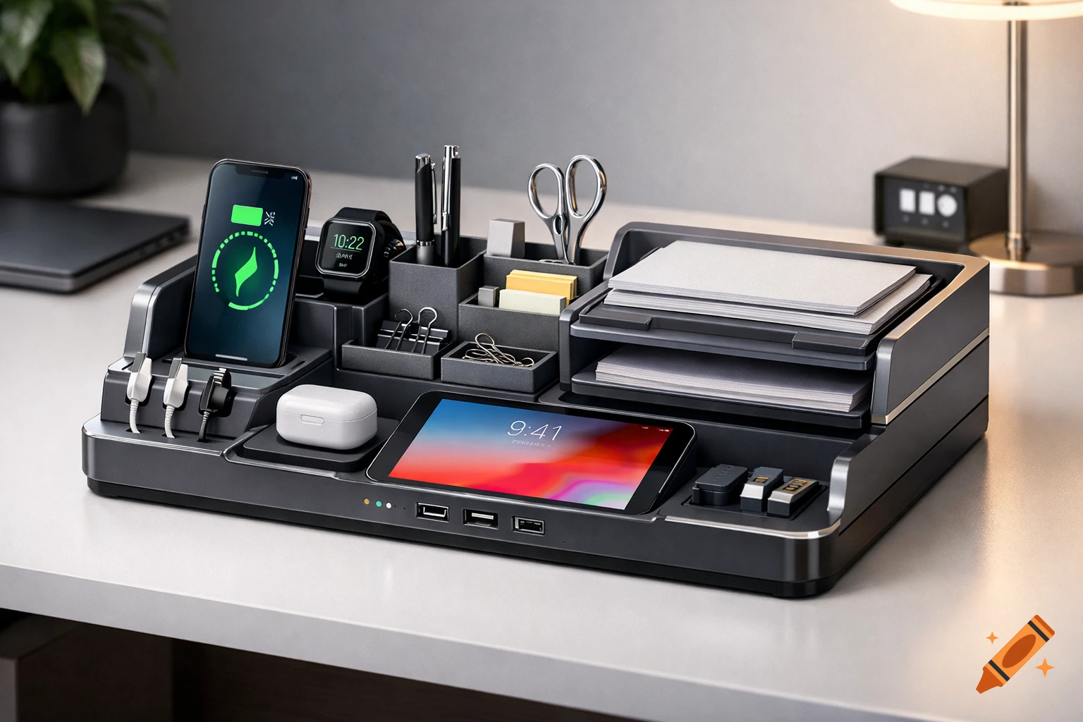 A modern gray desk organizer with charging slots, a smartphone, smartwatch, tablet, pens, scissors, and paper on a clean desk.