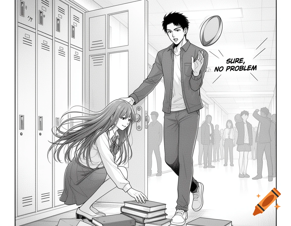 Manga panel of a boy helping a girl pick up books in a school hallway, saying 'Sure, no problem' as he catches a ball.