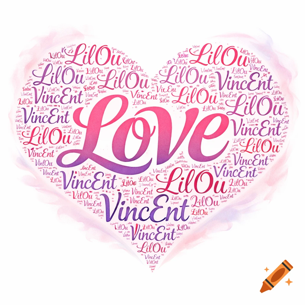A pink and purple word cloud in the shape of a heart, with 'Love' prominently in the center, surrounded by 'LilOu' and 'Vincent'.