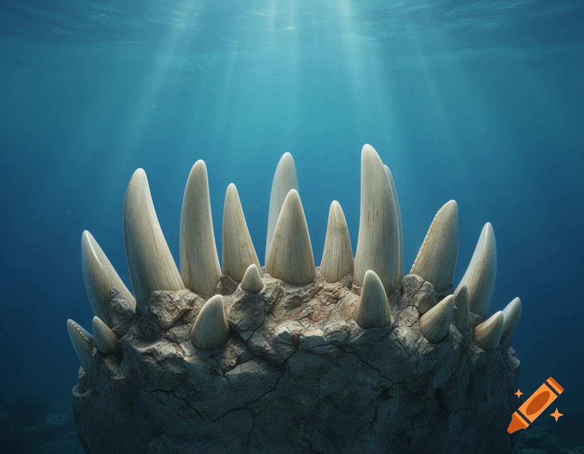 Close-up of numerous pointed Megalodon teeth in a rocky structure underwater, illuminated by sun rays from the surface.