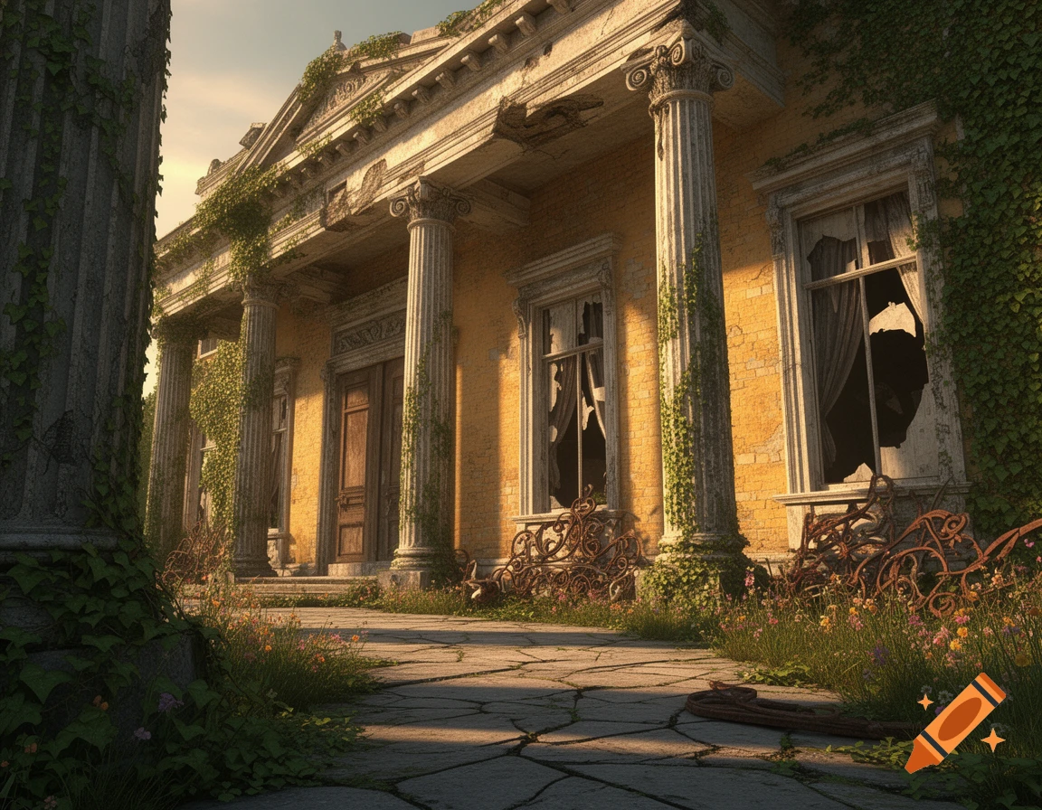 A dilapidated Greek Revival mansion with broken windows and columns, overgrown with ivy, on a sunny day.