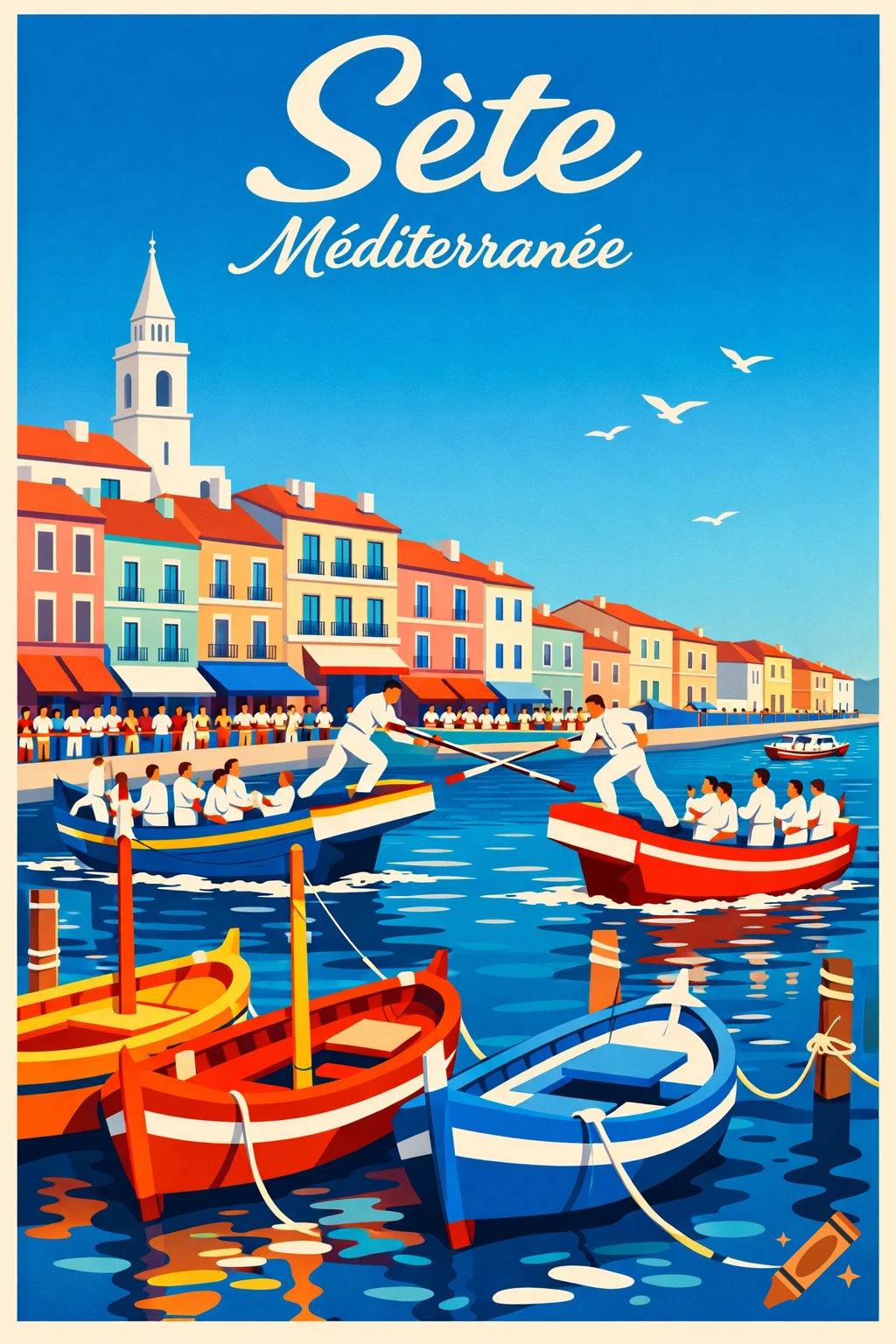 A retro flat art travel poster depicting a boat jousting event in the colorful port of Sète, France, under a clear blue sky.