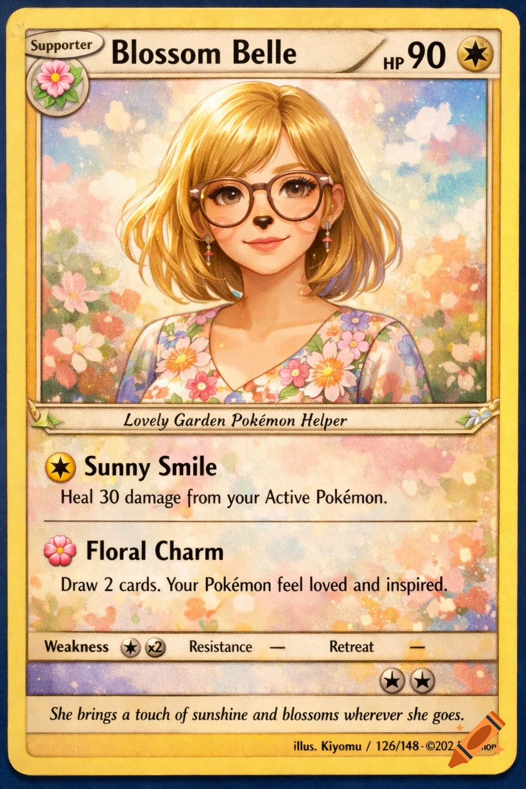 A colorful Pokémon-style trading card features a smiling woman with blonde hair, glasses, and a floral top, against a pastel garden background.