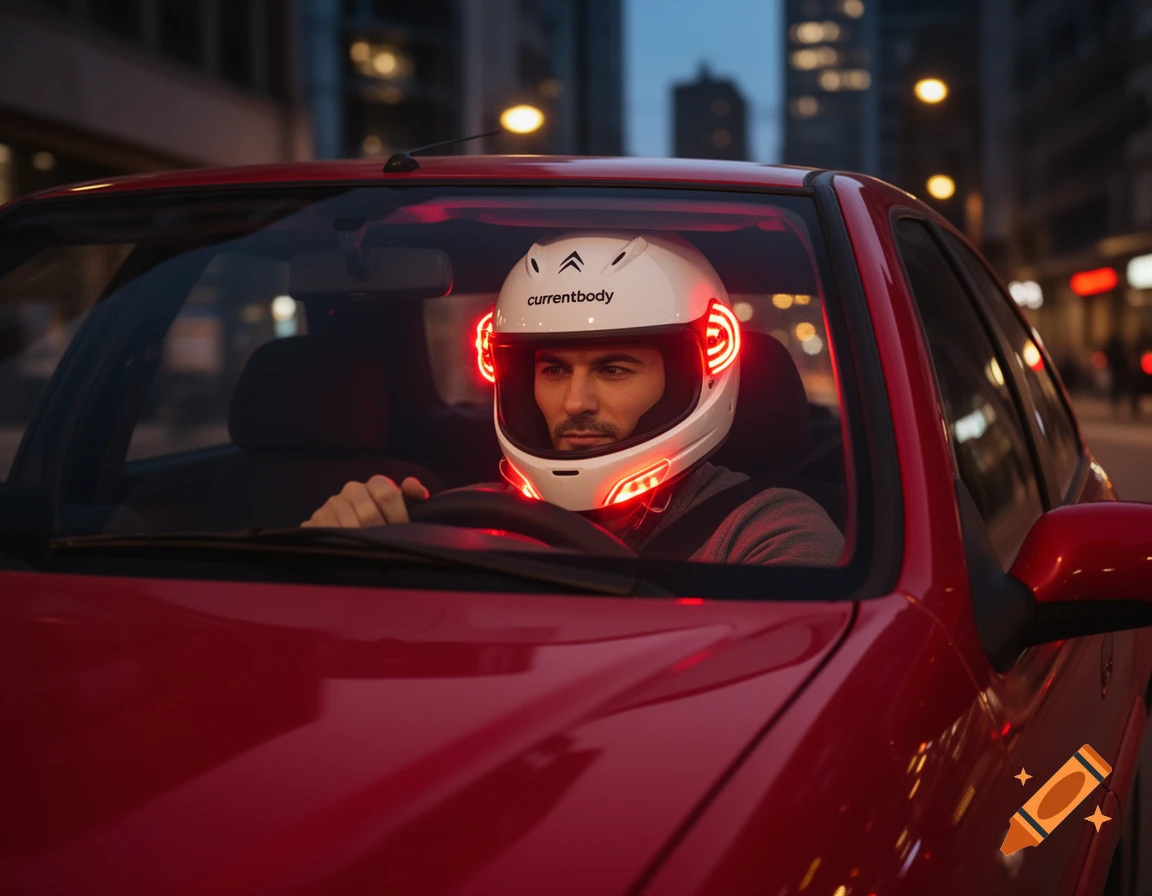 A man wearing a white helmet with red LED lights and 'currentbody' logo drives a red car at night in a city.