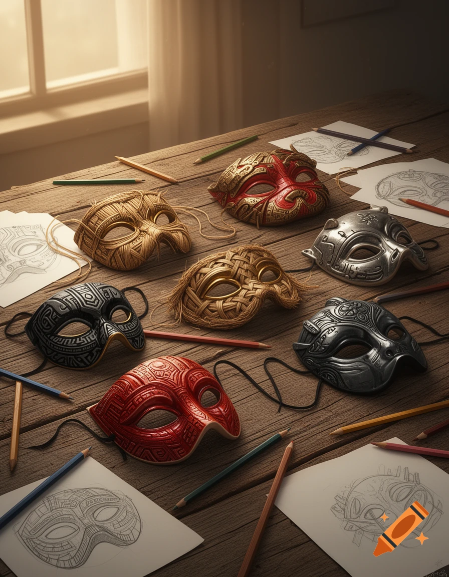 Ornate red, gold, silver, and black masks displayed on a rustic wooden table with pencil sketches and colored pencils, bathed in warm light.