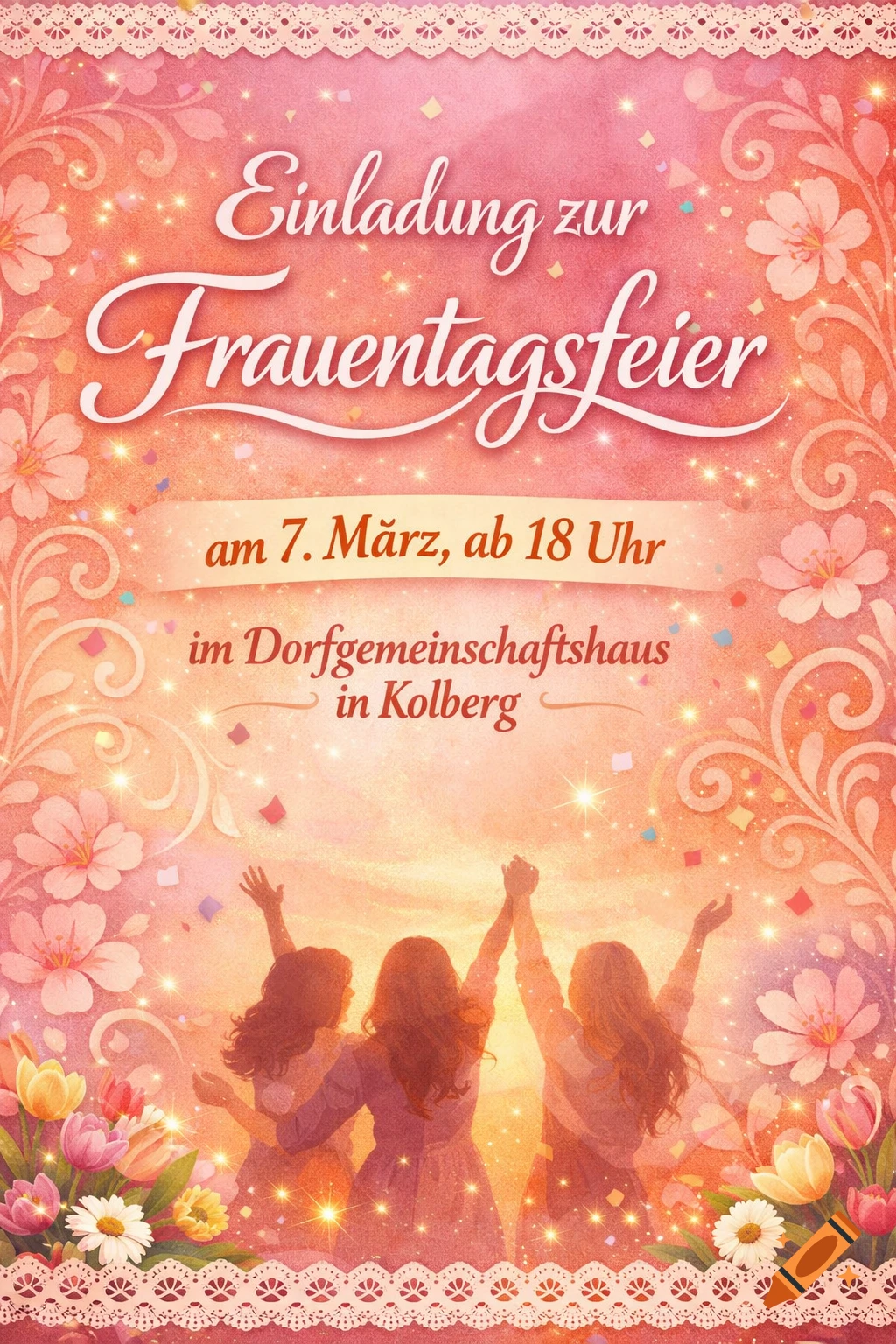 Festive flyer for Women's Day celebration with text, women's silhouettes, flowers, and glitter in warm pink and orange tones.