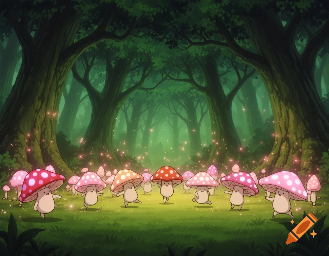 Animated scene of cute, smiling anthropomorphic mushrooms dancing in an enchanted forest with glowing pink lights.