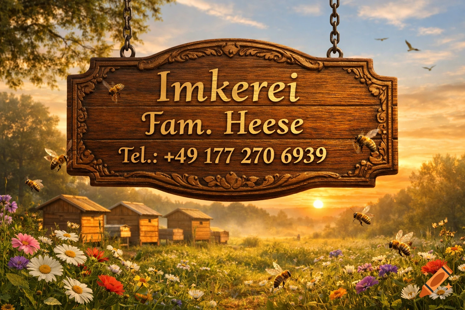 Photorealistic wooden sign for 'Imkerei Fam. Heese' with phone number in a field with beehives, flowers, and flying bees at sunset.