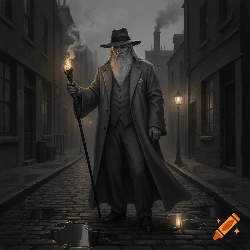 A long-bearded man in a hat and trench coat stands on a dark, wet cobblestone street at night, holding a glowing staff.