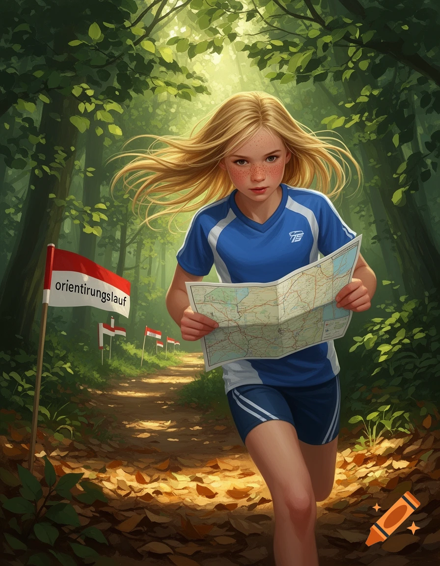 A blonde girl in athletic wear runs through a sunlit forest path, holding a map, with an "orientirungslauf" flag visible.