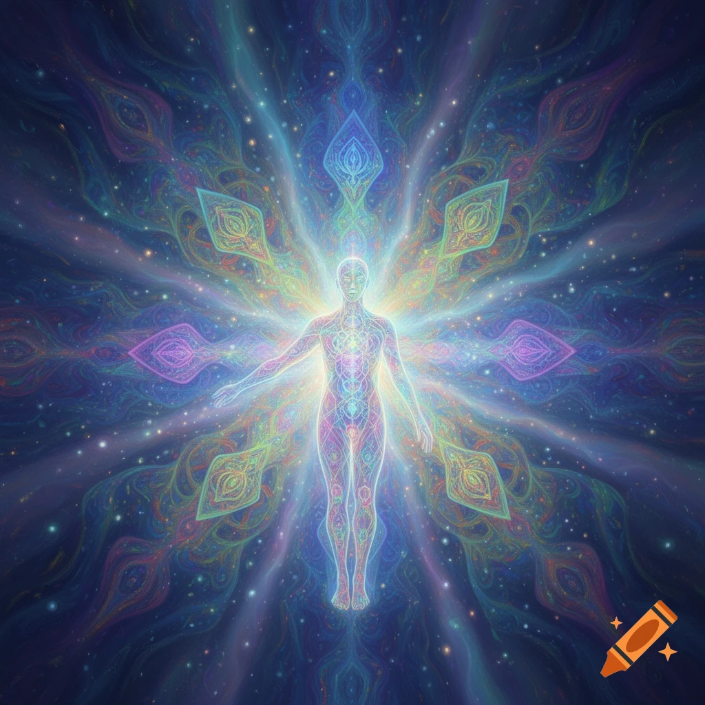 A radiant, ethereal human-like figure glows with rainbow energy amidst a swirling cosmic backdrop of stars and intricate psychedelic patterns.