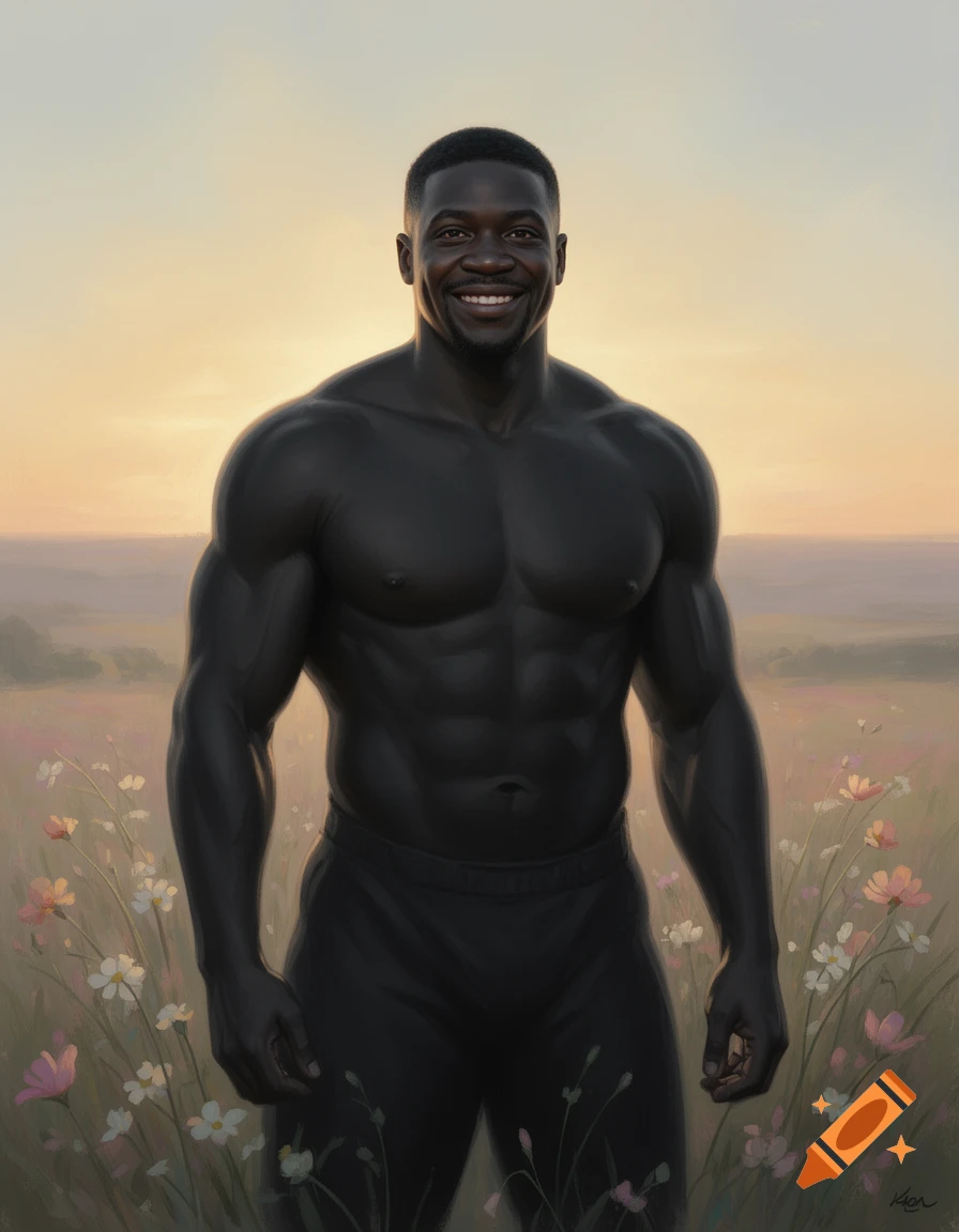 A smiling, muscular Black man stands shirtless in black pants amidst wildflowers at sunset, rendered as a digital painting.
