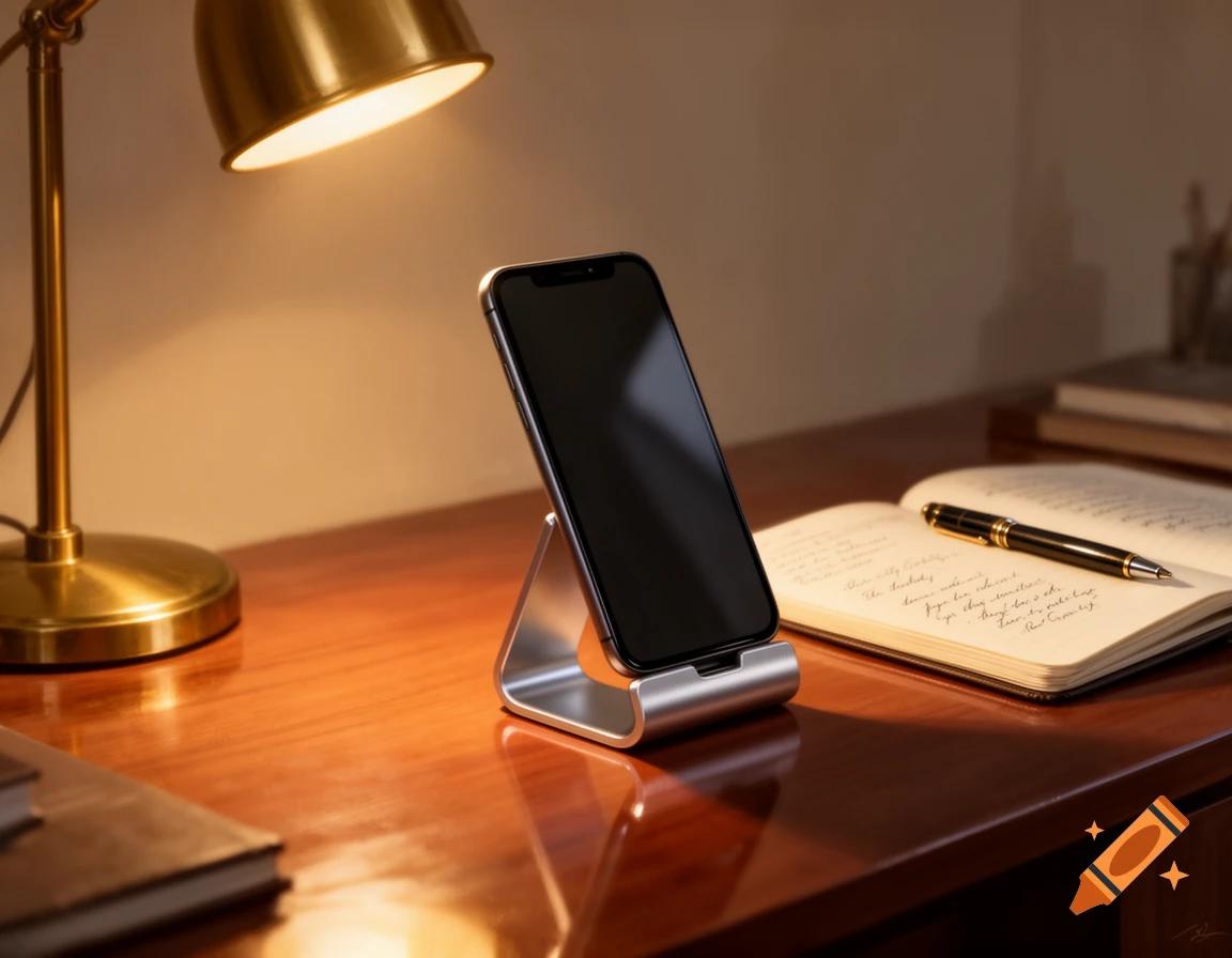 A black smartphone on a silver stand, illuminated by a brass desk lamp on a wooden desk with an open notebook and pen.
