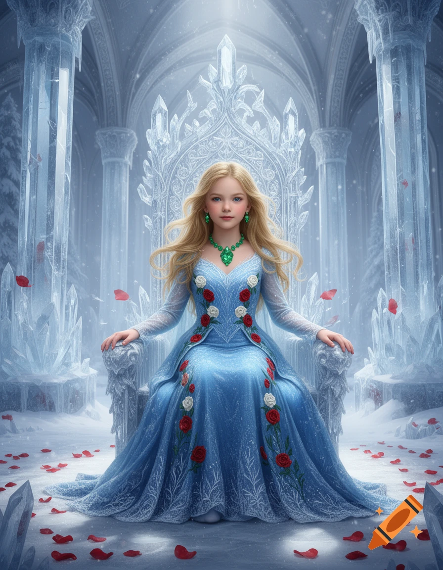 Golden-haired snow princess in a blue rose dress and emerald jewelry sits on an ornate ice throne in a winter palace with red petals.