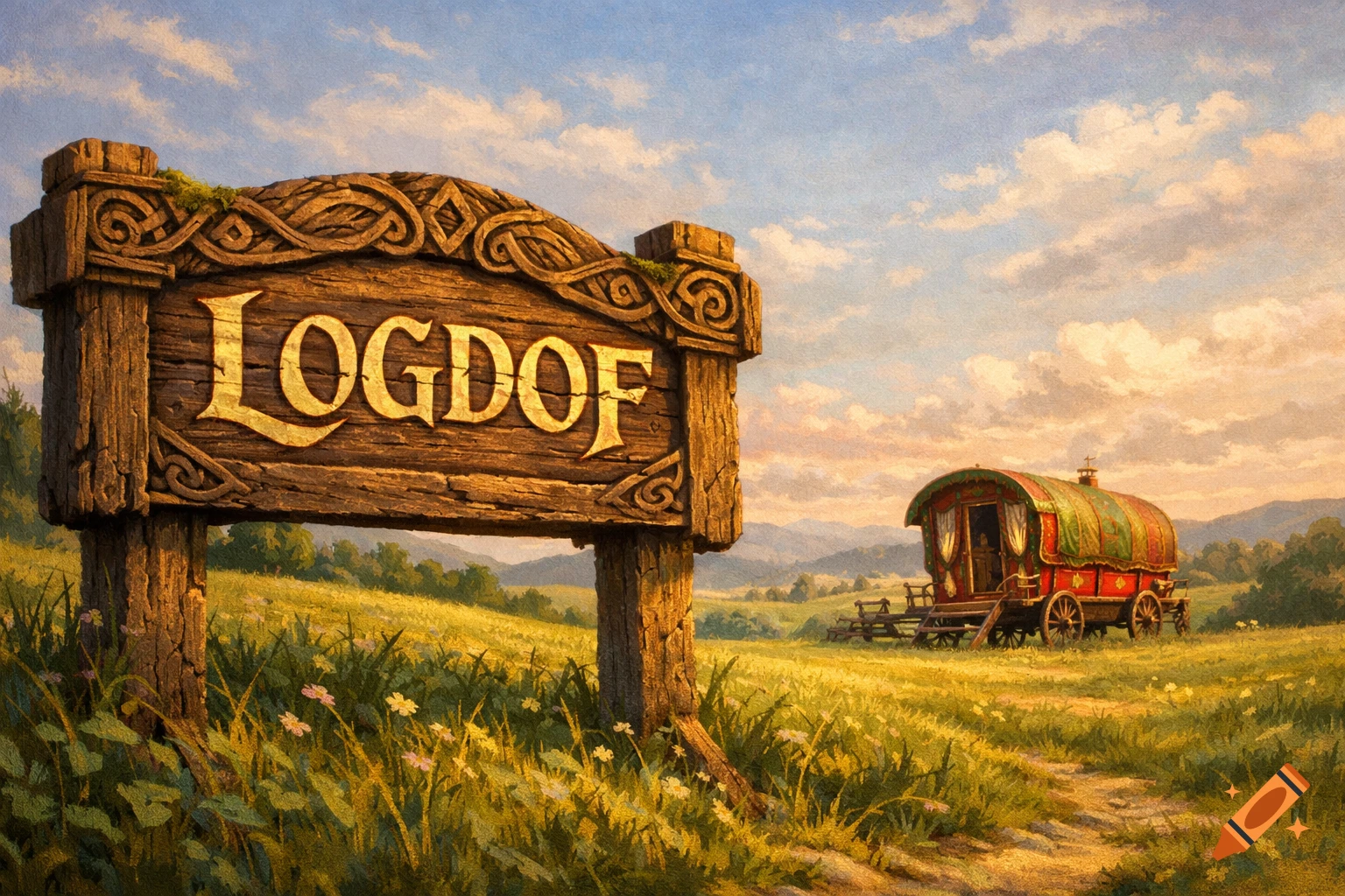 A rustic wooden sign reading "LOGDOF" in a grassy field, with a colorful medieval caravan and mountains under a cloudy sky, in a painterly style.
