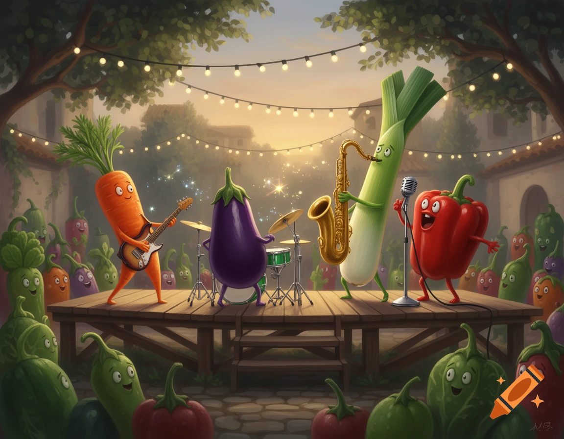 A band of cartoon vegetables plays music on a stage in an outdoor courtyard lit by string lights, with other vegetables in the audience.
