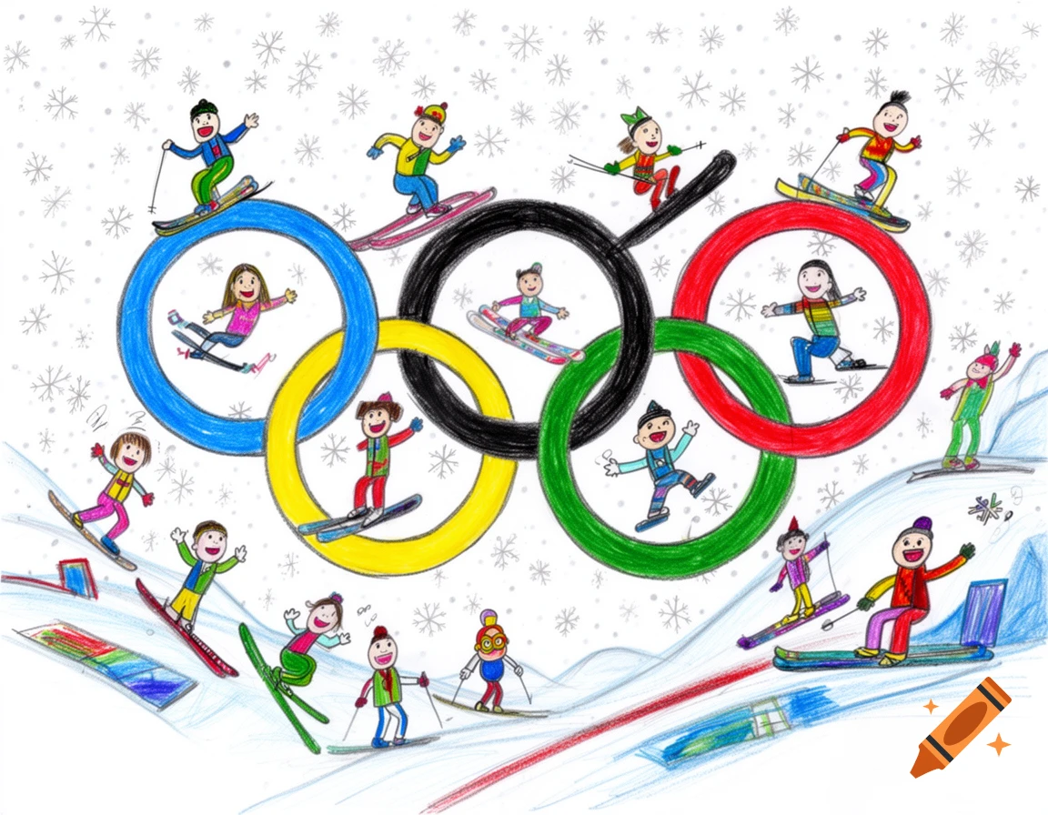 A colorful child's drawing depicts many small figures skiing and snowboarding around the five Olympic rings, on a snowy background with snowflakes.