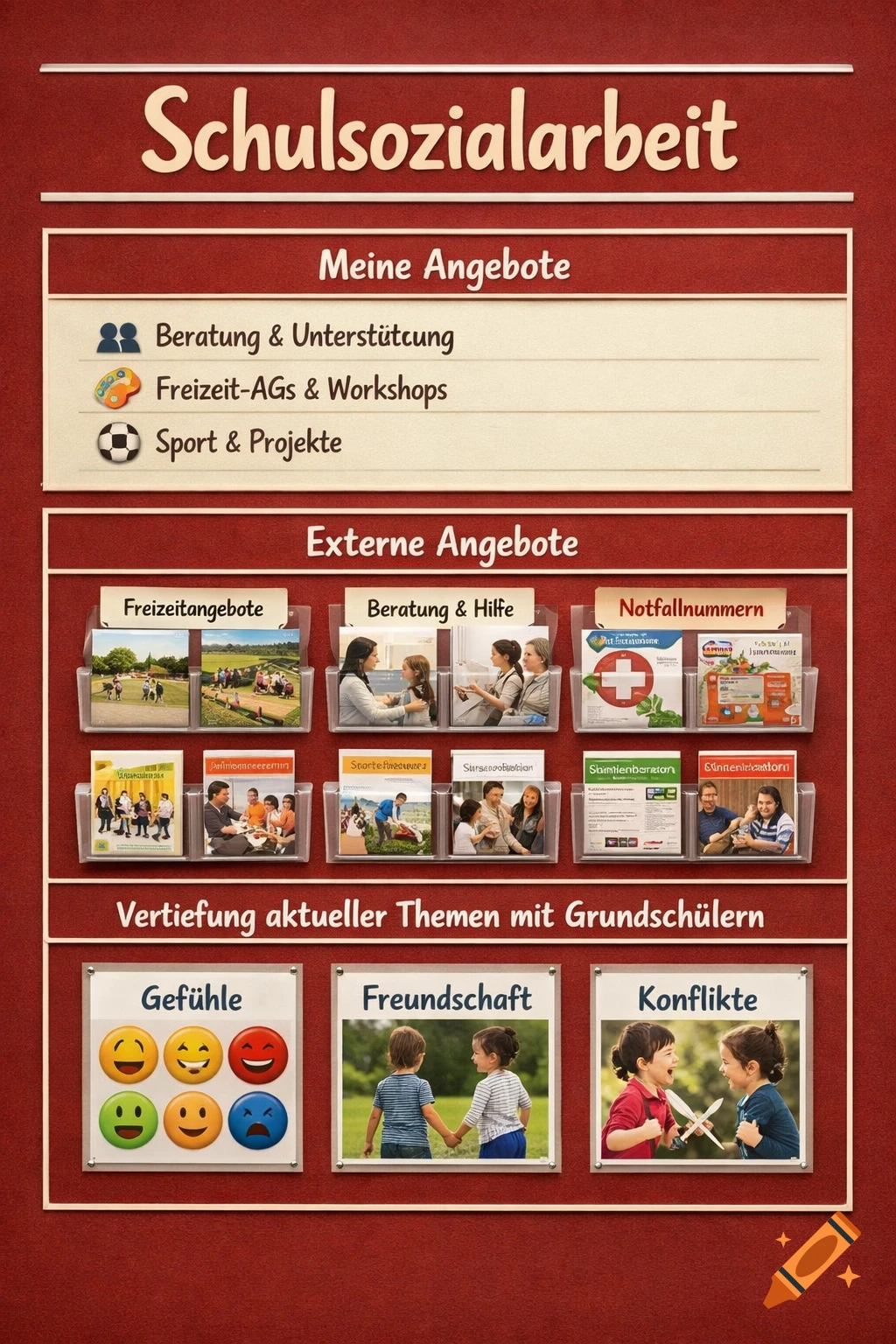 A vibrant red school social work bulletin board titled "Schulsozialarbeit" with sections for offers, external flyers, and topics like feelings, friendship, and conflict.