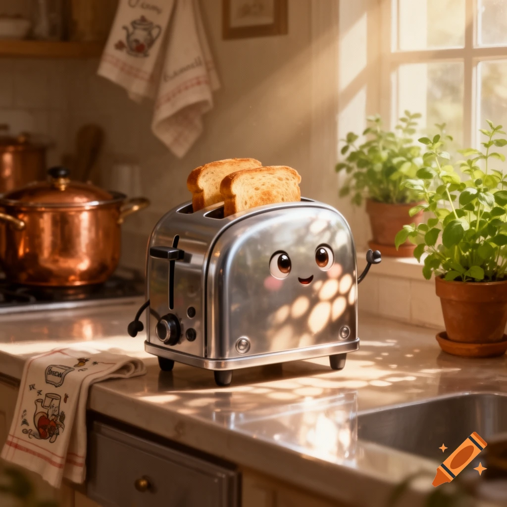 A cute, anthropomorphic silver toaster with two slices of toast, smiling happily in a sunlit kitchen.