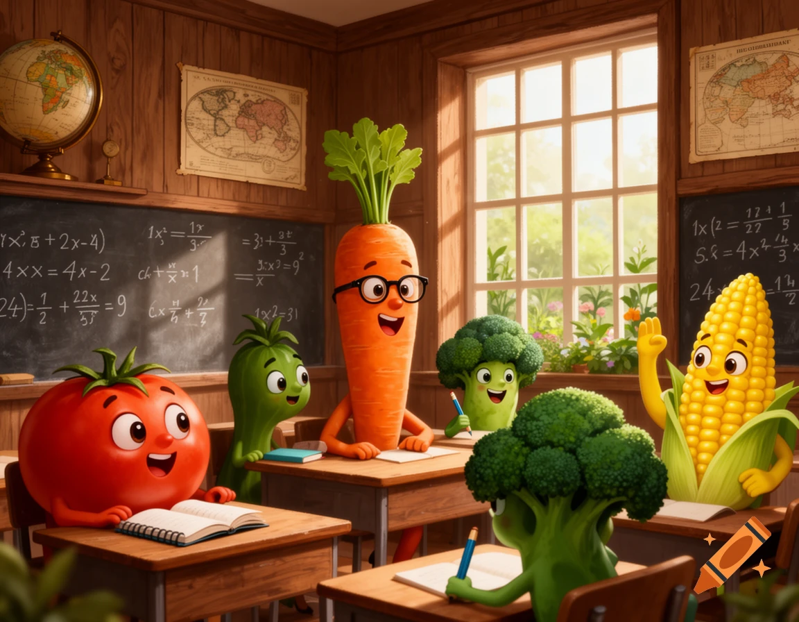 Cartoon anthropomorphic vegetables, including a carrot teacher, a tomato, broccoli, cucumber, and corn, studying in a traditional classroom with blackboards and a globe.