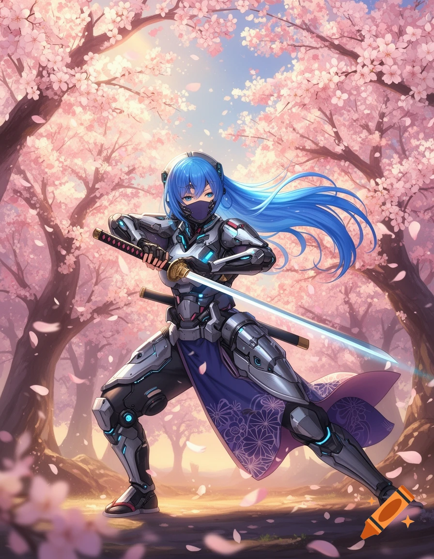 An anime cyber ninja girl with blue hair in armor, holding a katana, stands ready to fight amidst pink cherry blossom trees.