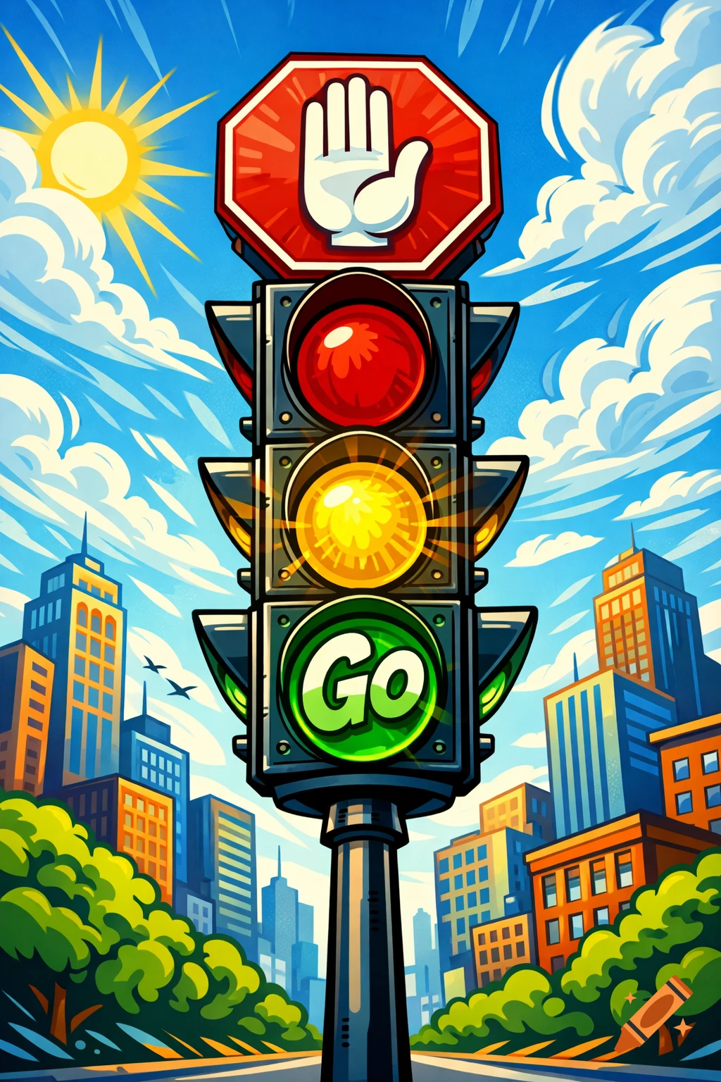 Vibrant cartoon illustration of a tall traffic light with a red stop sign featuring a hand symbol, a yellow light, and a green "Go" light, set against a city skyline.